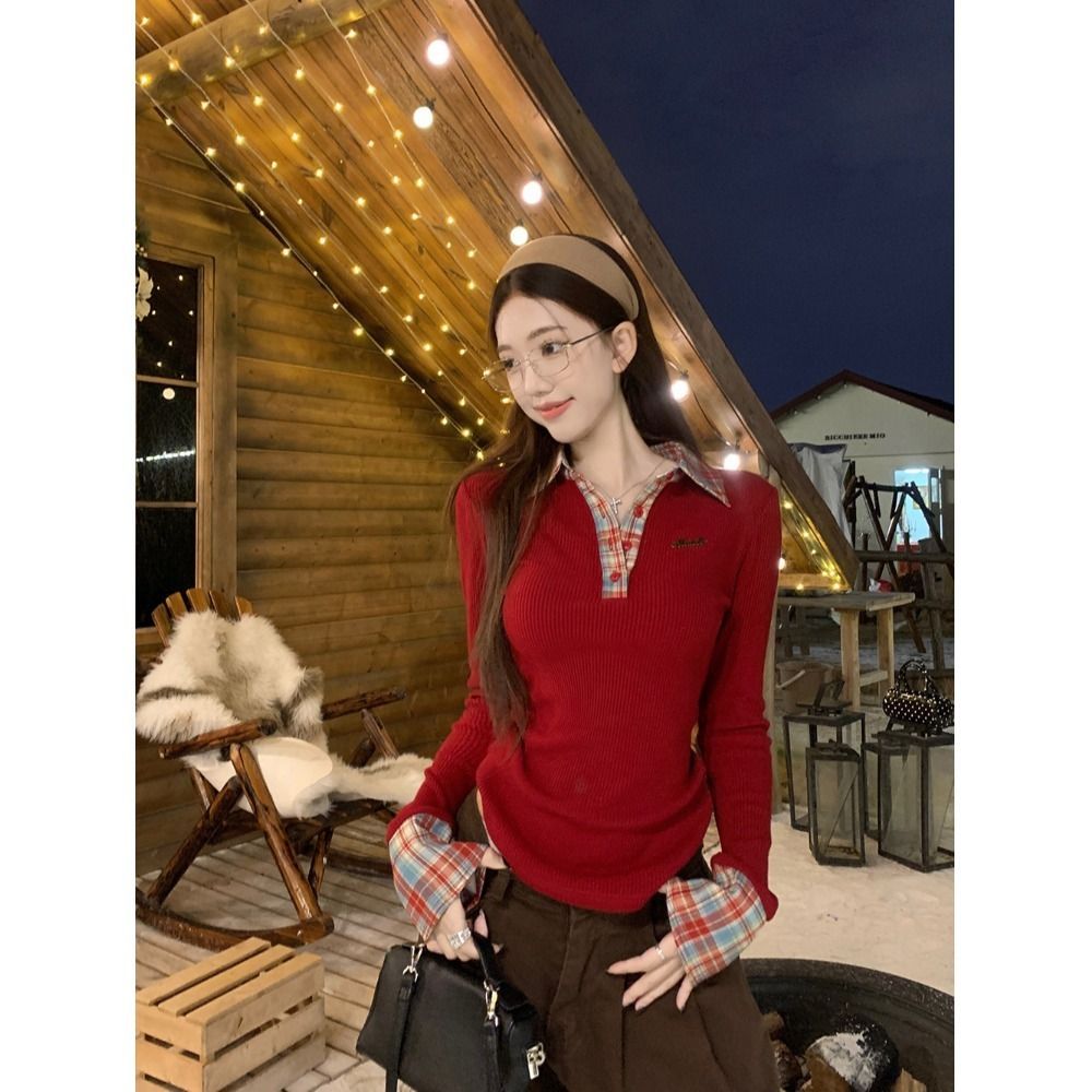 Women's Plaid Polo Collar Knit Sweater Slim Fit Base Layer - Image 3