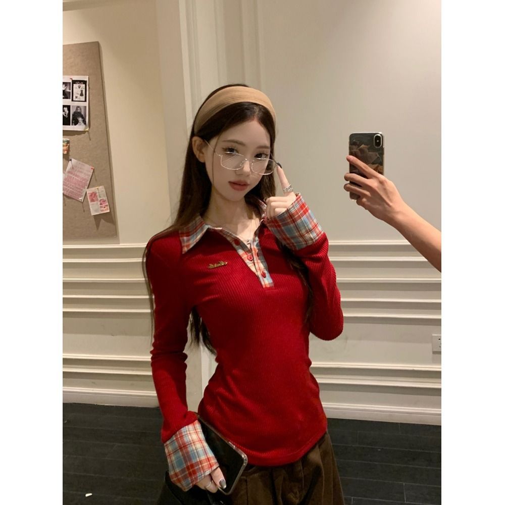 Women's Plaid Polo Collar Knit Sweater Slim Fit Base Layer - Image 5