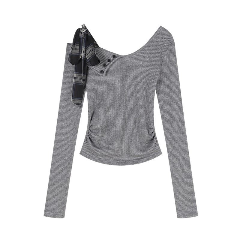 Off-Shoulder Knit Top for Women with Bow Short Sweet and Spicy Style - Image 5