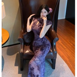 New Chinese Style Vintage Qipao Dress Slimming Elegant Half Sleeve Fishtail Long Dress