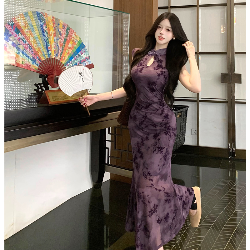 New Chinese Style Vintage Qipao Dress Slimming Elegant Half Sleeve Fishtail Long Dress - Image 2