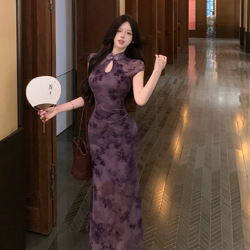 New Chinese Style Vintage Qipao Dress Slimming Elegant Half Sleeve Fishtail Long Dress - Image 3
