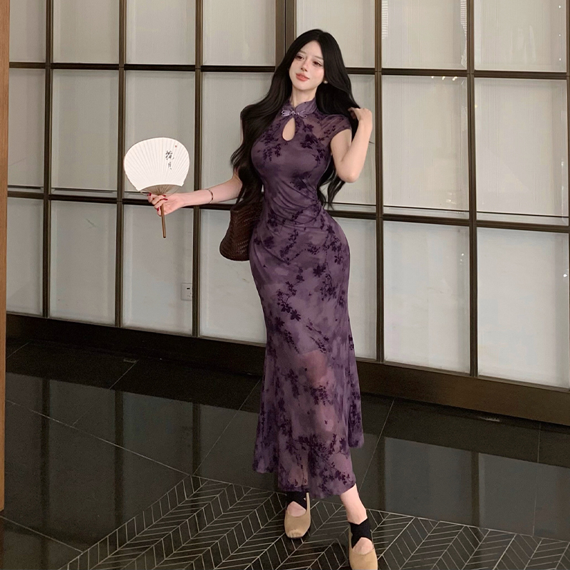 New Chinese Style Vintage Qipao Dress Slimming Elegant Half Sleeve Fishtail Long Dress - Image 4
