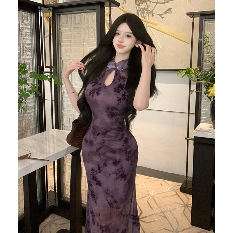 New Chinese Style Vintage Qipao Dress Slimming Elegant Half Sleeve Fishtail Long Dress - Image 5