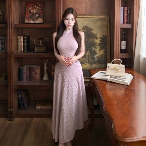 Women's Sleeveless High Neck Knit Bodycon Dress Slimming Long Dress